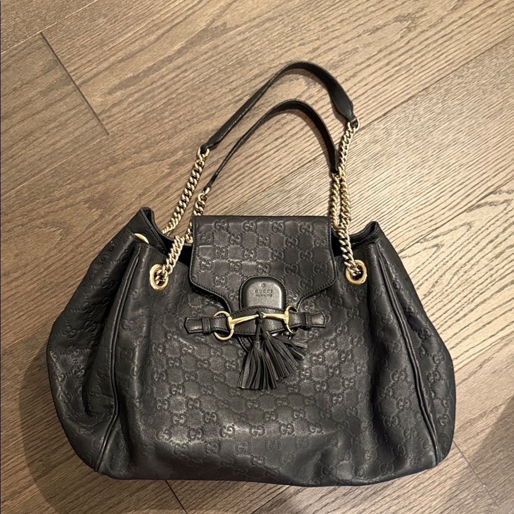 Gucci Black Leather Tassel Chain-Handle Shoulder Bag